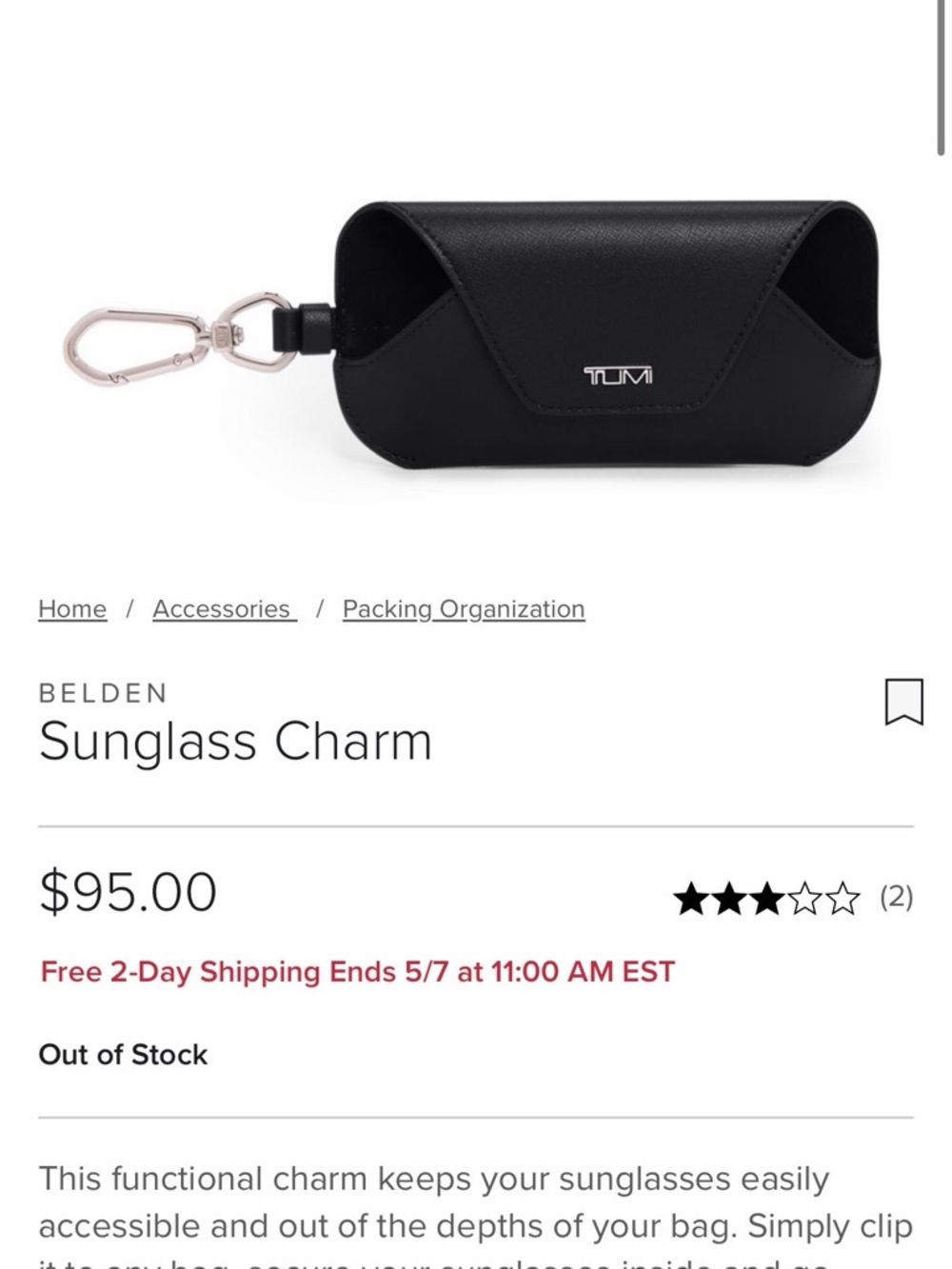 BRAND NEW Tumi Belden Sunglass Charm Case with Silver Clip - Black